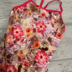 Floral one piece swimsuit tropical TYR Y2K Hawaiian vintage bathing suit pool L